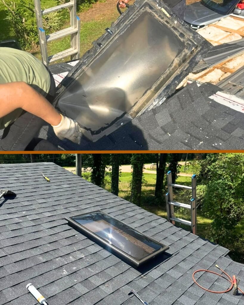 Before-and-after images of a damaged skylight being removed and a new skylight professionally installed, highlighting Alcord Construction’s precise roofing and skylight replacement work in Middle Georgia.