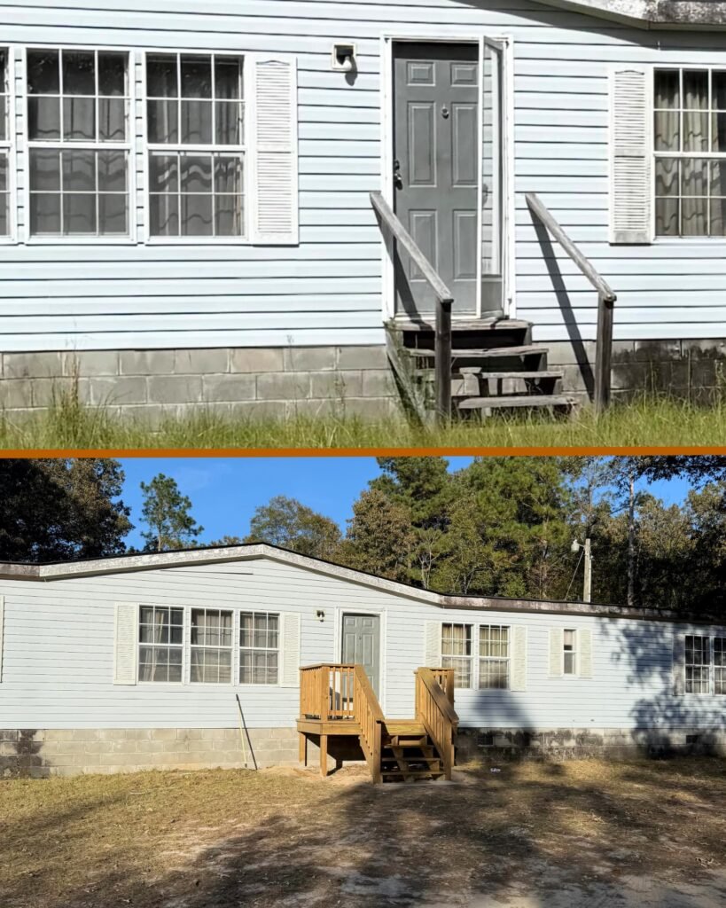 Before-and-after images of a home’s front entry showing an old, deteriorated porch replaced with a new, sturdy wooden staircase and railings, highlighting Alcord Construction’s reliable exterior repair and home improvement work in Middle Georgia.