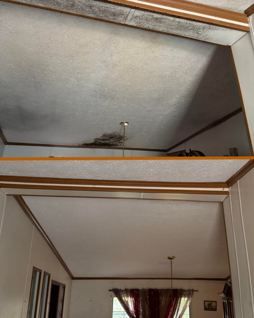 Before-and-after images showing a severely water-damaged ceiling restored to a clean, smooth finish, highlighting Alcord Construction’s expert interior repair and drywall restoration work in Middle Georgia.