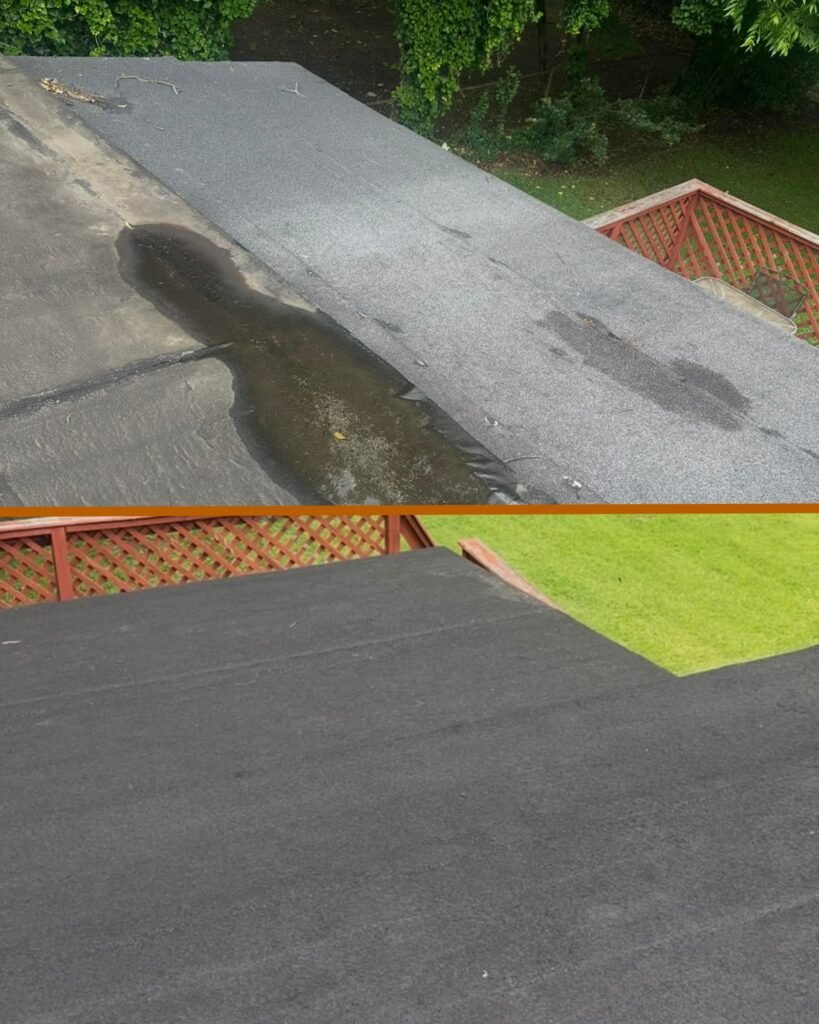 Before-and-after images showing a leaking flat roof with standing water restored to a smooth, sealed, and fully repaired surface, highlighting Alcord Construction’s expert flat roof repair work in Middle Georgia.