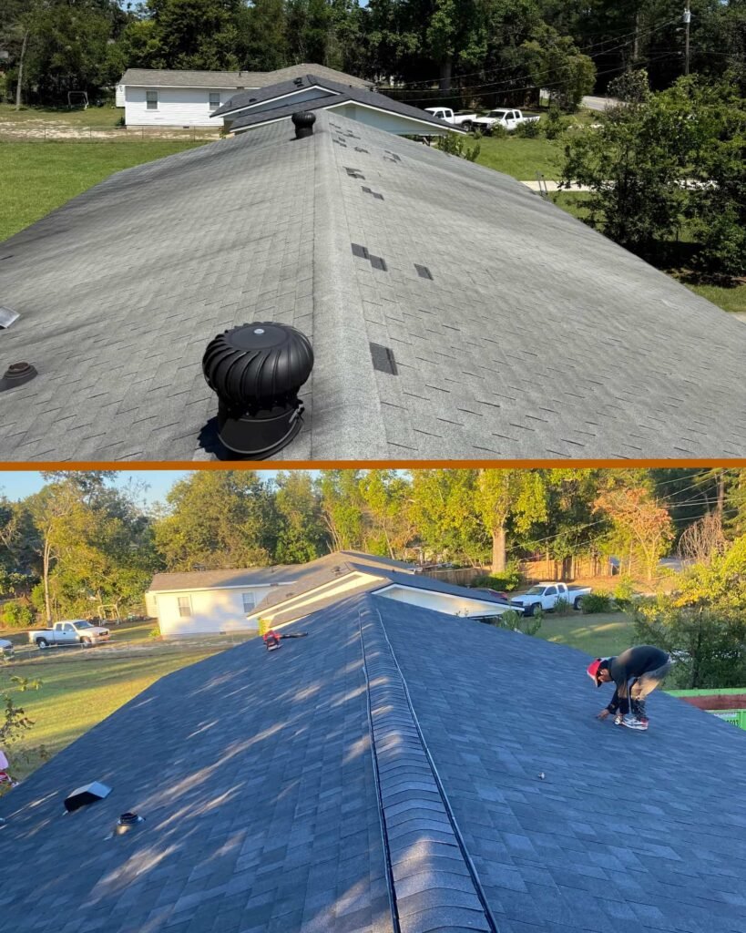 Before-and-after images showing an aging, worn roof upgraded to a new asphalt shingle roof with clean ridge vent installation, highlighting Alcord Construction’s expert roofing replacement work in Middle Georgia.