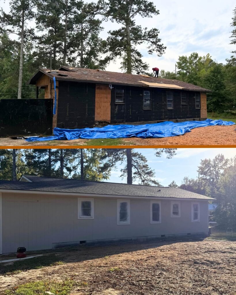 Before-and-after images showing a severely worn home exterior transformed with new siding, roofing, windows, and a clean finished facade, showcasing Alcord Construction’s comprehensive exterior restoration and renovation work in Middle Georgia.