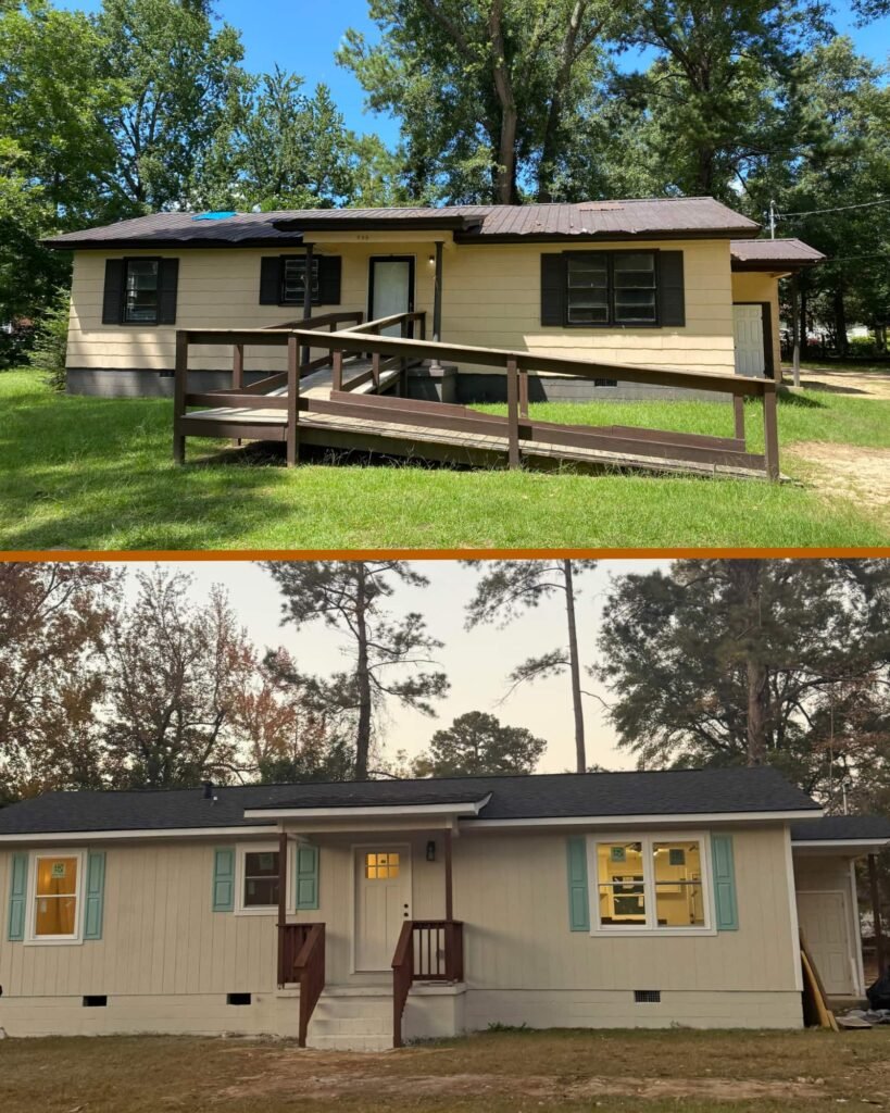 Before-and-after images showing an outdated home with damaged siding and an old ramp transformed into a fully renovated exterior with new roofing, siding, windows, and a rebuilt front porch, highlighting Alcord Construction’s comprehensive home remodeling work in Middle Georgia.